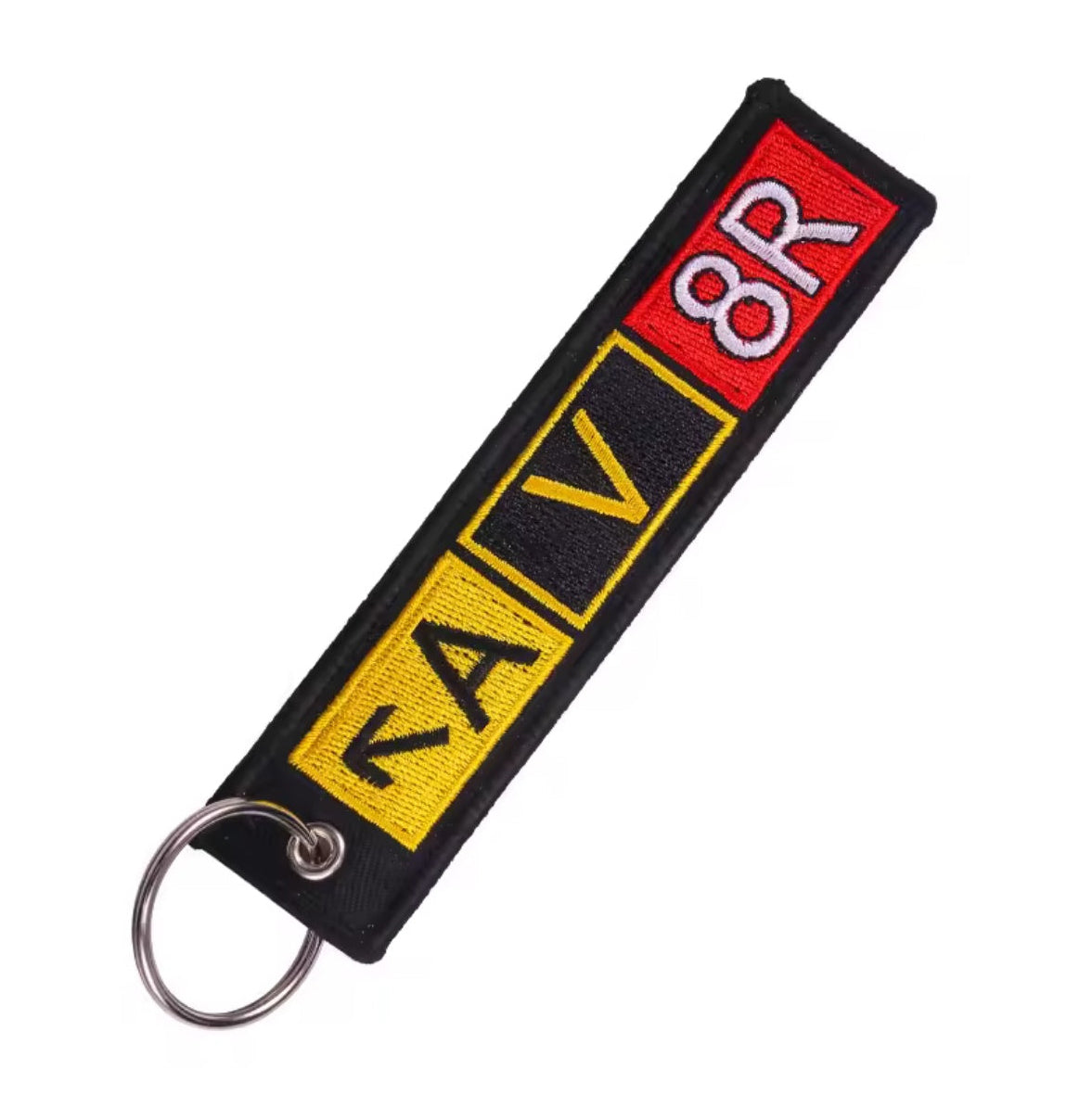 Llavero textil bordado AV8R negro rojo y amarillo