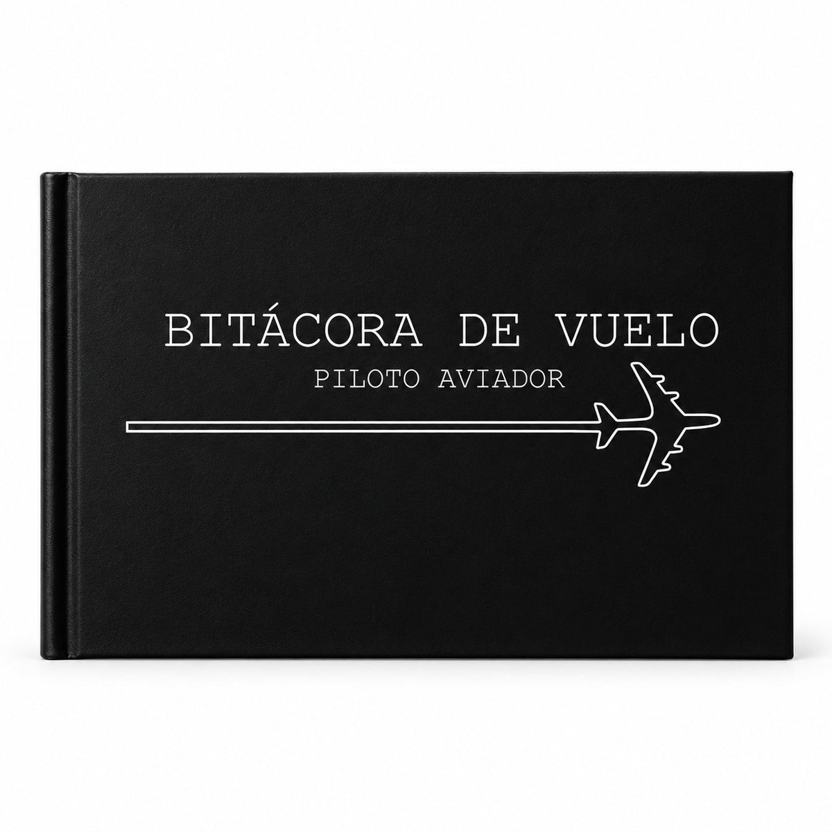 Bitácora de vuelo modelo B, portada negra con línea y avión, fondo blanco y espacio para personalizar