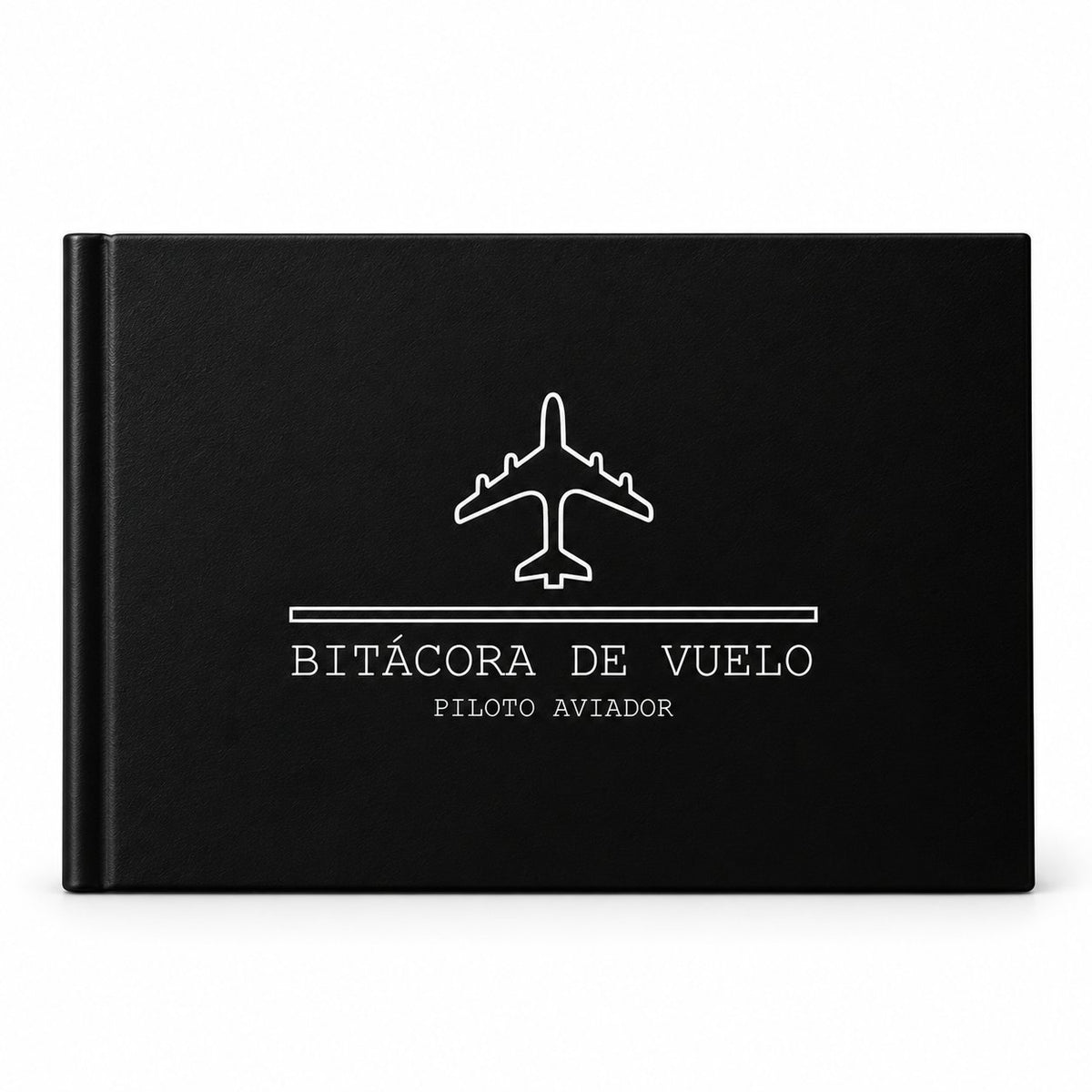 Bitácora de vuelo modelo D, portada negra avión frontal con línea, fondo blanco limpio