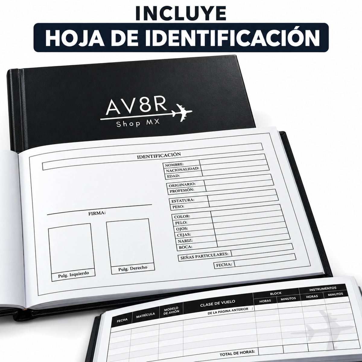 Vista ilustrativa de la hoja de identificación incluida en la bitácora de vuelo AV8RSHOPMX