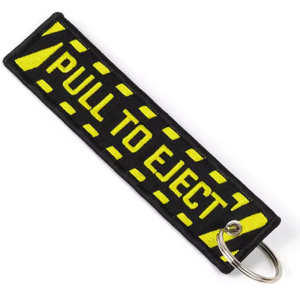 Llavero Pull to Eject negro y amarillo bordado