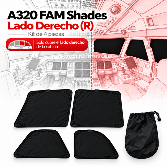 Kit blackout Shades A320 FAM lado derecho R, 4 piezas, vista de cabina ilustrada
