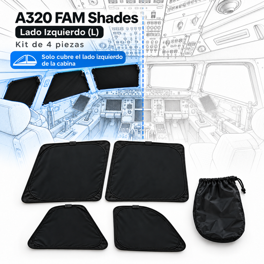 Kit blackout Shades A320 FAM lado izquierdo L, 4 piezas, vista de cabina ilustrada